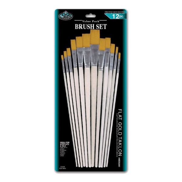Royal & Langnickel RSET-9603 Gold Taklon 12 Flat Brush Set; Good quality brushes offering a wide variety of  brushes in every value pack ; 12 piece sets in resealable pouch; Brushes ideal for acrylic, watercolor, and oil;  Great for the classroom, these economical brush sets are available in a variety of  materials in both short and  long handles; Dimensions 15.75