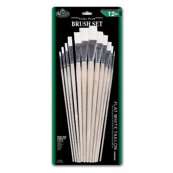 Royal & Langnickel RSET-9605 White Taklon 12 Flat Brush Set; Good quality brushes offering a wide variety of  brushes in every value pack ; 12 piece sets in resealable pouch; Brushes ideal for acrylic, watercolor, and oil;  Great for the classroom, these economical brush sets are available in a variety of  materials in both short and  long handles; Dimensions 15.75