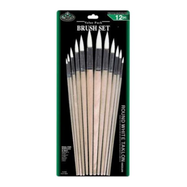 Royal & Langnickel RSET-9606 White Taklon 12 Round Brush Set; Good quality brushes offering a wide variety of  brushes in every value pack ; 12 piece sets in resealable pouch; Brushes ideal for acrylic, watercolor, and oil;  Great for the classroom, these economical brush sets are available in a variety of  materials in both short and  long handles; Dimensions 15.75