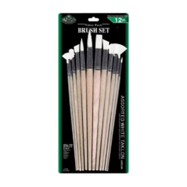 Royal & Langnickel RSET-9608 White Taklon 12 Combo Brush Set; Good quality brushes offering a wide variety of  brushes in every value pack ; 12 piece sets in resealable pouch; Brushes ideal for acrylic, watercolor, and oil;  Great for the classroom, these economical brush sets are available in a variety of  materials in both short and  long handles; Dimensions 15.75