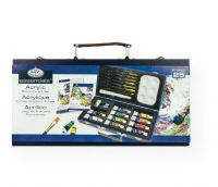 Royal & Langnickel RSET-ACRY3000-3T Acrylic Painting for Beginners Set; Set Includes 10 acrylic color paints, 1 palette knife, 6 taklon brushes, (1) 6-well palette, (2) 5"x7" canvas panels, 1 drawing pencil, 1 pencil sharpener, 1 pencil eraser, and 1 beginner guide all within convenient wooden carrying case with handle for storage and/or transport; UPC 090672240156 (RSETACRY30003T ROYAL&LANGNICKEL-RSET-ACRY3000-3T PAINTING) 