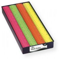 Alvin RT12D Set of 48 pcs 12" Fluorescent Plastic Rulers; Display Assortment; Each set contains 12 Yellow, 12 Orange, 12 Green and 12 Pink Rulers; The Rulers part number is RT12-BULK and have UPC 088354807858 no matter the color; This Set is sold by Each, but when bought in volume is packed in master cases of 12 sets that contain a total of 576 individual rulers; Set UPC 088354651512 (RT12D RT-12D RT-12-D ALVINRT12D ALVIN-RT-12D ALVIN-RT-12-D) 