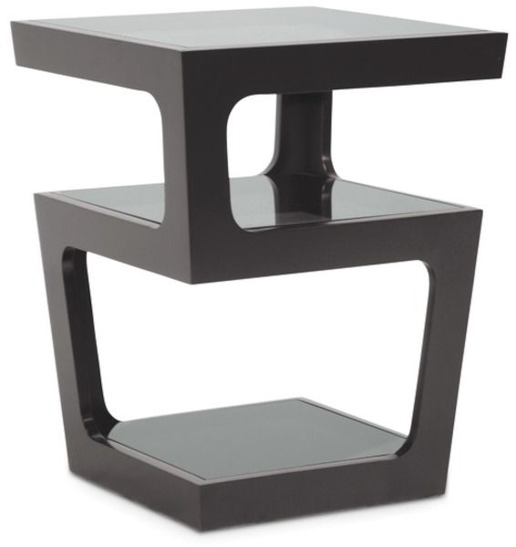 Wholesale Interiors RT286-OCC (CT-089B-Black) Baxton Studio Series Clara, Black Modern End Table with 3-Tiered Glass Shelves; Contemporary end table; 3 tiered design with tinted tempered glass shelves; Engineered wood frame with black finish; Fully assembled; Made in Malaysia; Dimensions 17