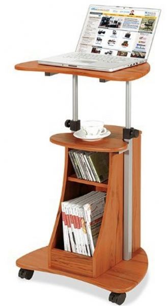 Techni Mobili RTA-B002 Tango Laptop Cart, Mobile Laptop with storage cart - Woodgrain, MDF construction with PVC laminated surfaces, 3 double wheel casters for easy mobility, under desk storage compartment and adjustable laptop desk area from 28