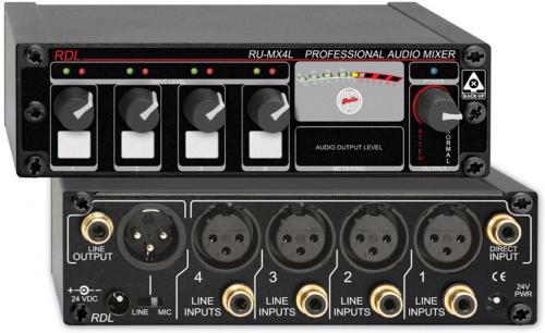 RADIODESIGNLABSRUMX4L Professional 4 Channel Line Level Mixer - Microphone and line Output; Four Channel Line-Level Audio Mixer; XLR Balanced, Phono Jack Unbalanced Inputs; Mic or Line XLR Output, Switchable; Unbalanced Line Output and Direct Input; Input Connections: Line - Balanced XLR x4, Line - Unbalanced RCA Phono x4; Signal-to-Noise Ratio: Mic: < 0.1% (80Hz to 20kHz), Line: < 0.02%; Phantom Power: +24V (RADIODESIGNLABSRUMX4L DEVICE MIXER CONTROL SOUND)