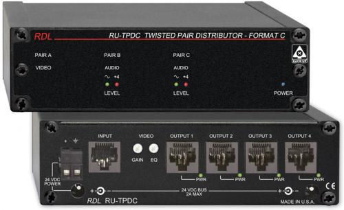Radio Design Labs RDL-RUTPDA Active Distributor - Twisted Pair Format-A - RDL Format-A input to Four outputs; Input Jack Accepts Signals from All FORMAT-A Senders; Output Jacks Drive All FORMAT-A Receivers; Four Receivers may be Driven From Each Distributor; LOOP OUT Jack Can Feed Additional Distributor; Power Input: 2x Power Jack, 1x Detachable Terminal Block; Input: 1x RJ45 from RDL TP Format-A Twisted Pair; Output: 4x RJ45 for Format-A, 1x RJ45 for Loop Out (RUTPDA RU-TPDA RU-TPDA BTX)