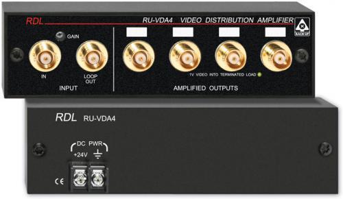 Radio Design Labs RU-VDA4 NTSC/PAL Video Distribution Amplifier - 1x4 - BNC; Video Distribution with 4 Outputs; Adjustable Gain Amplification; Input LOOP OUT Jack; Video 1 Volt Signal Indicator; Input:,Composite Video, Looping, 1 Vpp @ 75 ohms, on a BNC connector; Output:,Composite Video x4, 1 Vpp @ 75 ohms, on a BNC connector; Video Bandwidth: 10 MHz; Video Signal-to-Noise Ratio: 75 dB; Differential Phase: 0.1; Differential Gain: 0.1%; Video Control: Video Gain (RUVDA4B RU-VDA4B RU-VDA4B)