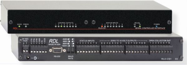 RADIODESIGNLABSRU2CS1 Serial Controlled Interface For RS-232 Model Converter, Computer Control; RS-232 control of RDL modules; Serial control of OEM products; Control of eight VCA modules; Status inputs from eight sources; Interface with front panel indicators; Free standing or rack mounted installation; UPC 813721016782 (RADIODESIGNLABSRU2CS1 DEVICE CONTROL CONVERTER TRANSMISSION)