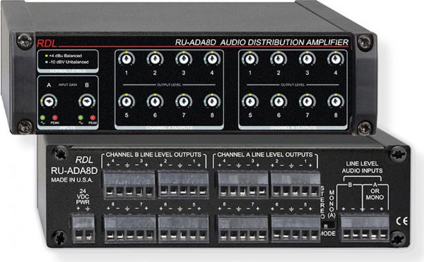 RDL RDL-RUADA8D Rack Up Series Audio Distribution Amplifier With 8 Outputs, Stereo audio distribution with 8 outputs, Mono audio distribution with 16 outputs, Front panel input level trimmers, Dual LED VU meter for each input channel, Front panel output level trimmers, Inputs and outputs on rear panel detachable terminal blocks, UPC 813721013415 (RUADA8D RUADA-8D RUADA8-D RDLRUADA8D RDLRUADA-8D RDLRUADA8-D BTX)