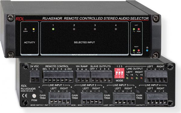 RADIODESIGNLABSRUASX4DR Rack Up Series Remote Controlled Stereo Audio Selector With VCA, 4 Stereo Inputs to 1 Stereo Output; Remote controlled switching and level control; Multiple remote control locations possible; 4 stereo inputs to 1 stereo output; Line level audio switching; External level control using 10 kOhms; UPC 813721013507 (RADIODESIGNLABSRUASX4DR RACKS CONTROL DEVICE SIGNAL)