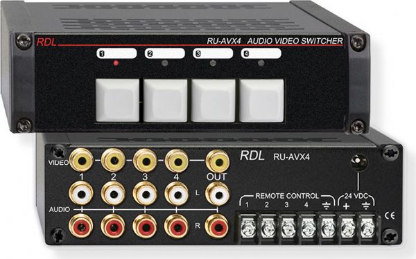 RDLRUAVX4 Rack Up Series Audio Video Switcher, 4x1 RCA; Video and stereo audio switching; Four video and four stereo audio inputs; Consumer format input and output jacks; 10 MHz video bandwidth NTSC or PAL; Long life keyboard style pushbuttons; Rear panel remote control connections; Professional quality performance; UPC 813721013118 (RDLRUAVX4 DEVICE CONNECTION SWITCHER CONTROL)
