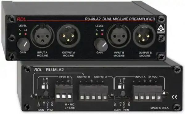 Radio Design Labs RDL-RUMLA2 Dual Microphone / Line Preamplifier; Two-channel Audio Preamplifier; Front Panel XLR Input / Output Jacks; Detachable Input / Output Terminal Blocks; Switch-selectable Mic or Line Inputs; Number of Channels: 2; Inputs: 2 x XLR, Rear panel detachable terminal block; Output: 2 x XLR, Rear panel detachable terminal block; Phantom Power: +24V; Multi Function: Four channel audio distribution (RUMLA2 RU-MLA2 RU-MLA2 BTX)
