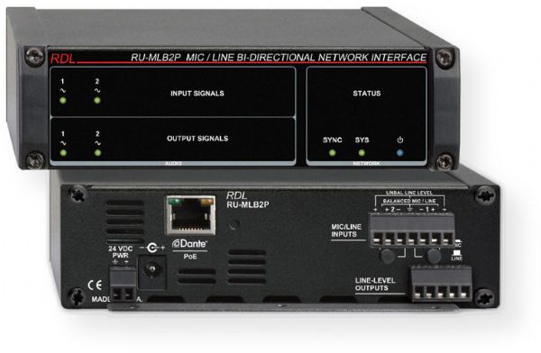 Radio Design Labs RDL-RUMLB2P Mic/Line Bi-Directional Network Interface, Converts Two Standard Mic or Line Audio Sources to Dante Network Channels, Each Input is Switch-Selectable for Mic or Line, No User or Installer Gain Adjustments are Required, Automatic Microphone Gain of 40 dB for Condenser Mics and 60 dB for Dynamic Mics, P48 Phantom is Provided on Each Microphone Input, Front-Panel Signal LED for Each Audio Input (RUMLB2P RU-MLB2P RU-MLB2P BTX)