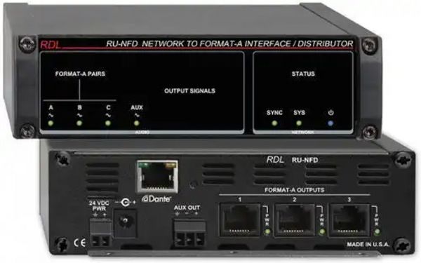 Radio Design Labs RDL-RUNFD Network to Format-A Interface/Distributor; Easy Installation with Format-A Connections on RJ45 through CATx Cable; Three Dante Audio Signals Feed Format-A Output Pairs A, B and C; Fourth Dante Audio Signal Feeds Auxiliary Balanced +4 dBu Line Output; Format-A Pairs are Distributed to Three Separate Format-A Output Jacks; Signal LEDs Indicate Audio for Each of the Four Received Network Signal Channels (RUNFD RU-NFD RU-NFD BTX)