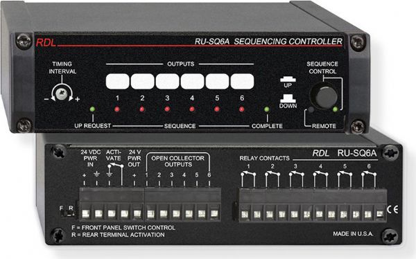 RADIODESIGNLABSRUSQ6A Rack Up Series Sequencing Controller with Power Up, and Power Down; Control of sequential power-Up or events; Adjustable Up and Down time interval; Open collector outputs; Relay contact closures; Up to six sequential events; Sure-Lok output supervision; Dimensions 1.70