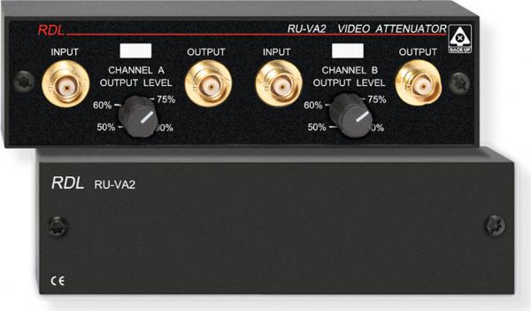 RDL RU-VA2 Rack Up Series Dual Video Attenuator; Video attenuation; Two channels; Front panel level adjustment; Stand alone or rack mountable; 75 Ohms attenuators; 1/3 Rack, high density rack mounting; Dimensions 1.70