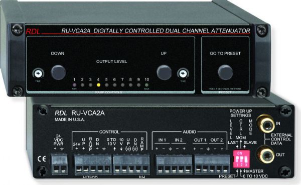 RADIODESIGNLABSRUVCA2A Rack Up Series Digitally Controlled Attenuators; Local or remote audio level control; Mono or stereo attenuation; Noiseless zero-crossing adjustment steps; 96 dB attenuation range in 0.5 dB steps; Data bus provides adjustment of multiple modules; Multiple remote control locations possible; Precise level tracking on each channel; UPC 813721013453 (RADIODESIGNLABSRUVCA2A DEVICE CONTROL SIGNAL SOUND)
