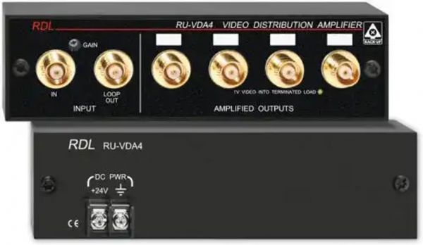 Radio Design Labs RU-VDA4-B RDL 1x4 BNC Video Distribution Amp; The RU-VDA4 is the ideal choice in most applications where video signals need to be distributed; Video inputs and outputs are made on the front panel via BNC, PHONO, or type F jacks; specifications (RUVDA4BNC RU-VDA4-BNC RU-VDA4-BNC)