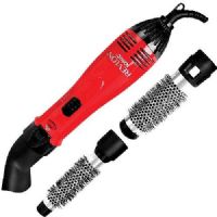 Revlon RV440RD Shine Enchancing Hot Air Dryer Kit, Red, 1200 watts power, Ionic Technology helps reduce drying time, Ion On/Off Switch with Indicator Light, 3 Heat/Speed Settings with Cool Shot, Interchangeable aluminium barrels retain heat & create large curls & waves, 1" & 1-1/2" Thermal Brush Attachments, Attachment Release Button for an easy switch, Weight 0.5 kg., UPC 761318504405 (RV-440RD RV 440RD RV440C) 