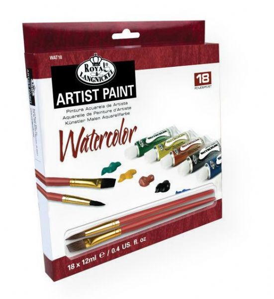 Royal & Langnickel RWAT18 18-Color Watercolor Paint Set; Watercolor paints have that have a good transparency and tinting strength; Use for wet on wet techniques (fuzzy edges) or dry painting techniques (sharp edges); 12ml tubes; 18-color set; Shipping Weight 0.9 lb; Shipping Dimensions 8.00 x 8.88 x 1.12 in; UPC 090672027825 (ROYALLANGNICKELRWAT18 ROYALLANGNICKEL-RWAT18 ROYALLANGNICKEL/RWAT18 ARTWORK)