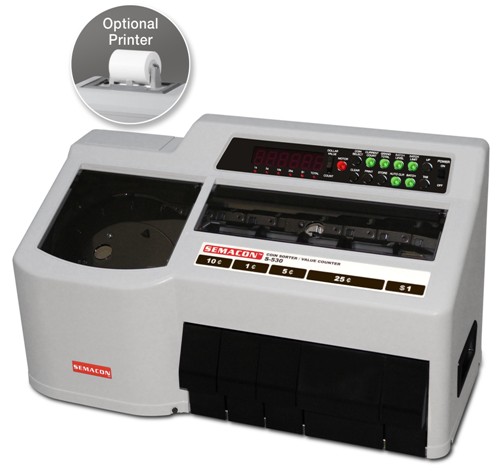 Semacon S-530 Heavy Duty Coin Sorter; Optional Built-in Thermal Printer to print detailed Receipts; U.S. penny, nickel, dime, quarter, dollar Coin Types; 450 coins/min. Counting Speed; Up to 500 mixed coins Hopper Capacity; 150 Pennies, 80 Nickels, 250 Dimes, 200 Quarters and 80 Dollars Coin Drawer Capacity; Power adapter/cord, 5 coin drawers, dust cover, cleaning brush, operating manual included (S530 S-530)