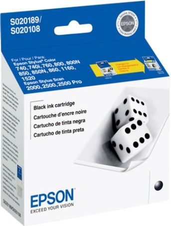 Epson S020189 Black Ink Cartridge for use with Stylus Scan 2000, 2500, 2500 Pro, Stylus Color 1160, 1520, 740, 740i, 760, 800, 850, 850N, 850Ne and 860 Printers, New Genuine Original OEM Epson Brand, UPC 010343814837 (S02-0189 S020-189 S-020189)