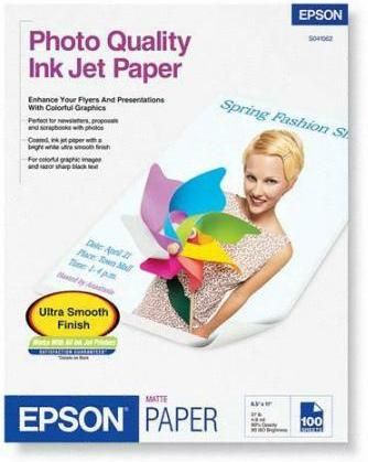Epson S041062 Photo Quality InkJet Letter Paper, 100-Sheets, Matte coated, smooth finish; Bright White; Medium Weight; Basis Weight : 27 lb. (102 g/m); Thickness : 4.9 mil; ISO Brightness : 90; Opacity : 90%; Surface Finish : Matte (S0-41062, S-041062)