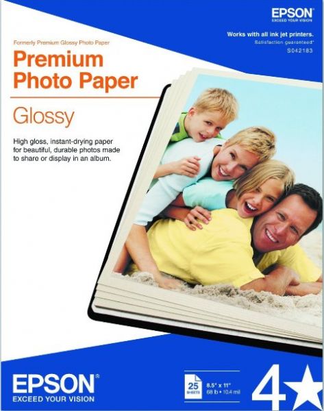 Epson S042183 High-Gloss Premium Photo Paper, High-gloss, bright white, resin coated photo paper, Print high quality photos for glass frames and photo albums, Smudge and water-resistant quick dry surface, Look and feel of traditional photographs, 8.5-x-11-inch Sheet Size, 92 Brightness Rating, Glossy Paper Finish, Glossy Tip Type (S042183 S042-0183 S042 183)