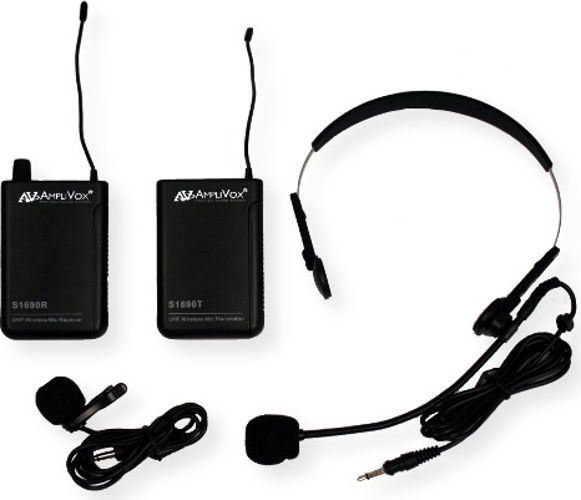 Amplivox S1601 Wireless 16 Channel UHF Lapel and Headset Microphone Kit; 16 Channel UHF wireless bodypack transmitter (S1690T), receiver (S1690R); Lapel and headset microphones; Frequency of 584 MHz to 608 MHz; Requires two AA batteries (included); Effective range of 300 ft; Shipping Weight 2 lbs; UPC 734680016012 (S1601 S-1601 S16-01 AMPLIVOXS1601 AMPLIVOX-S1601 AMPLIVOX-S-1601)
