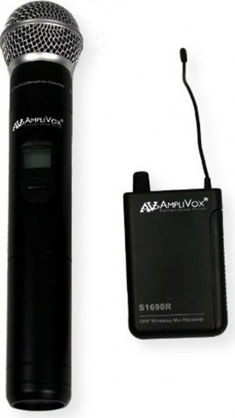 Amplivox S1623 Wireless 16 Channel UHF Handheld Microphone Kit; Unidirectional handheld mic; 16 Channel UHF wireless transmitter (S1695), and bodypack receiver (S1690R); Frequency of 584 MHz to 608 MHz; Requires two AA batteries (included); Shipping Weight 2 lbs; UPC 734680016234 (S1623 S-1623 S16-23 AMPLIVOXS1623 AMPLIVOX-S1623 AMPLIVOX-S-1623)