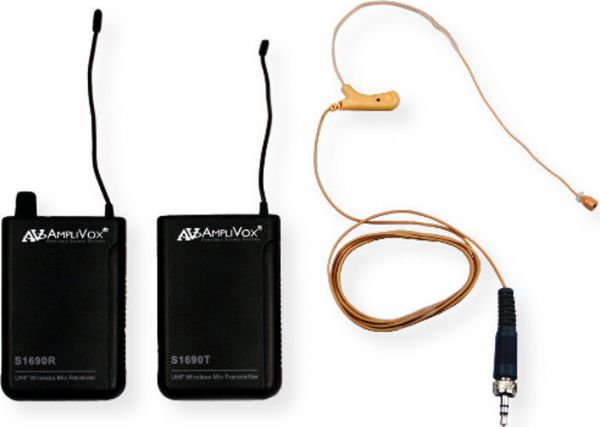 Amplivox S1663 Wireless Over-ear Headset Flesh Tone Microphone Kit; 16 Channel UHF wireless bodypack transmitter (S1690T), Receiver (S1690R); Flesh Tone single over-ear or headset electret condenser unidirectional mic; 584MHz - 608 MHz Frequencies; Requires two AA batteries (included); UPC 734680016630 (S1663 S-1663 S16-63 AMPLIVOXS1663 AMPLIVOX-S1663 AMPLIVOX-S-1663)