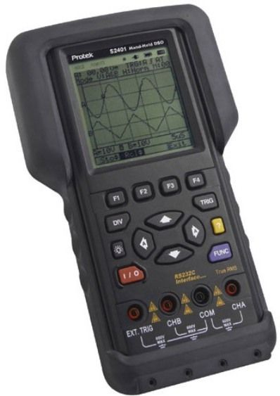 Protek S2401 Hand-Held Scope Dual Channel Auto ranging Vertical and Horizontal scales, 50MS/s sampling rate, 500mV/Div Vertical sensitivity, Built-in auto/manual ranging, True RMS, 4000 count DMM, DC to 1MHz bandwidth, Hand held and battery operated, Designed to UL3111, CSA C22.2 No 1010 standards, RS-232 Port and supplied software, User-friendly front panel (S 2401 S-2401 S240 S24 ProtekS2401) 