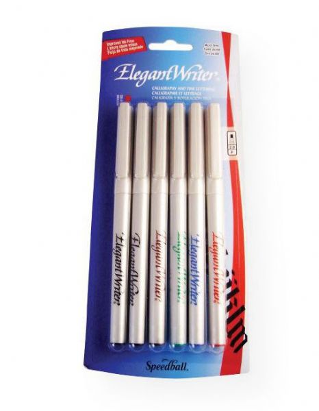 Speedball S2881 Elegant Writer Calligraphy 6-Color Fine Marker Set; Calligraphy markers in a variety of sizes with improved ink flow; Chisel nibs start sharp and stay sharp; All conform to ASTM D-4236 and are acid-free; Set includes 6 fine markers: Blue, Red, Brown, Green, 2 black; Colors subject to change; Shipping Weight 0.02 lb; Shipping Dimensions 9.12 x 4.12 x 0.62 in; UPC 651032028816 (SPEEDBALLS2881 SPEEDBALL-S2881 ELEGANT-WRITER-S2881 CALLIGRAPHY)
