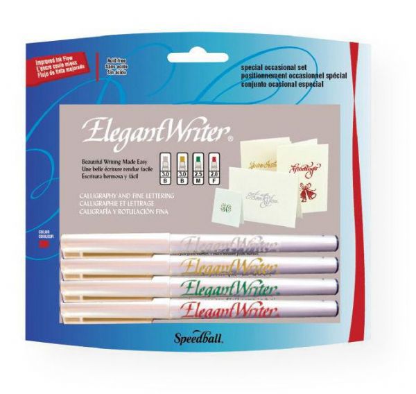 Speedball S2886 Elegant Writer Calligraphy 4-Color Marker Set; Calligrahpy markers in a variety of sizes with improved ink flow; Chisel nibs start sharp and stay sharp; All conform to ASTM D-4236 and are acid-free; Set includes 4 markers: 1 fine red, 1 medium green, 1 broad gold, 1 broad silver; Colors subject to change; Shipping Weight 0.15 lb; Shipping Dimensions 6.5 x 7.00 x 0.75 in; UPC 651032028861 (SPEEDBALLS2886 SPEEDBALL-S2886 ELEGANT-WRITER-S2886 CALLIGRAPHY CRAFTS)