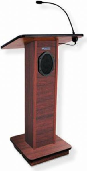 Amplivox S355 Elite Lectern with Sound System, Mahogany; For audiences up to 1300 people and room size up to 13000 Sq ft; 150 watt multimedia stereo amplifier; Built-in 21