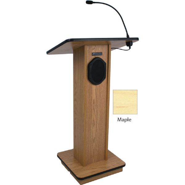 Amplivox S355 Elite Lectern with Sound System, Maple; For audiences up to 1300 people and room size up to 13000 Sq ft; 150 watt multimedia stereo amplifier; Built-in 21