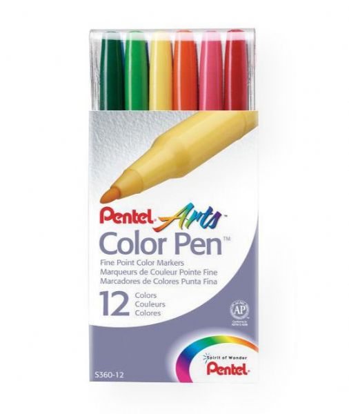 Pentel S360-12 Color Pen Marker 12-Color Set; Non-toxic, vibrant, water-based ink will not bleed through paper; Fine lines are perfect for small spaces and detail work; Durable bullet point, fiber tip pens are in a handy, reclosable carrying case for easy travel; Leak-proof, airtight cap prevents dry out; AP certified by ACMI; UPC 072512101346 (PENTELS36012 PENTEL-S36012 COLOR-PEN-S360-12 PENTEL/S36012 S36012 ARTWORK)