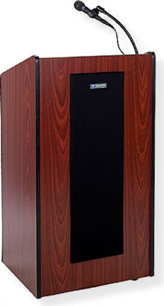 Amplivox S450 Presidential Plus Lectern with Sound System, Mahogany; For audiences up to 1500 people; 50-watt multimedia stereo amplifier; Two 6