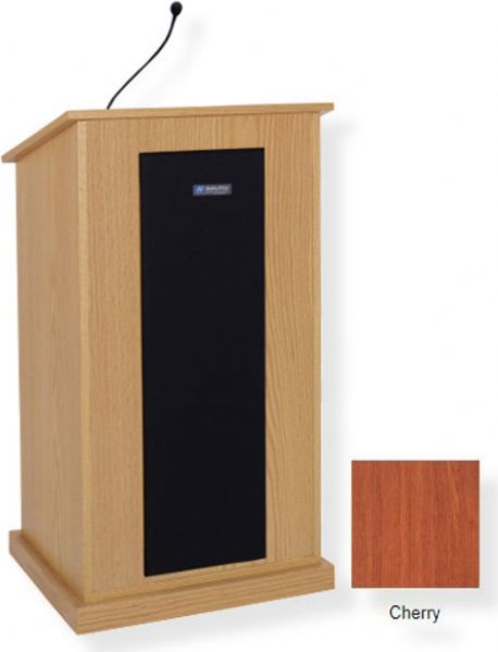 Amplivox S470 Chancellor Lectern with Sound System, Cherry; For audiences up to 3250 people and room size up to 26000 Sq ft; 150 watt multimedia stereo amplifier; Built-in 21