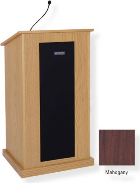 Amplivox S470 Chancellor Lectern with Sound System, Mahogany; For audiences up to 3250 people and room size up to 26000 Sq ft; 150 watt multimedia stereo amplifier; Built-in 21