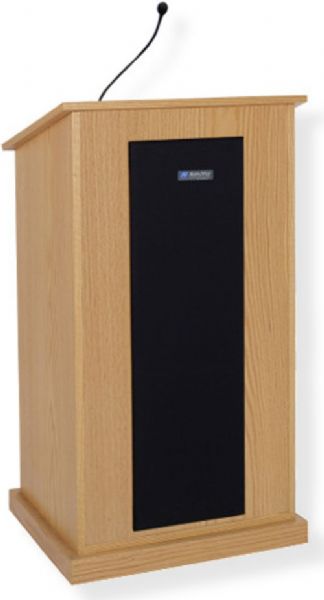 Amplivox S470 Chancellor Lectern with Sound System, Oak; For audiences up to 3250 people and room size up to 26000 Sq ft; 150 watt multimedia stereo amplifier; Built-in 21