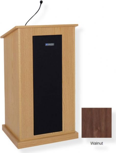 Amplivox S470 Chancellor Lectern with Sound System, Walnut; For audiences up to 3250 people and room size up to 26000 Sq ft; 150 watt multimedia stereo amplifier; Built-in 21