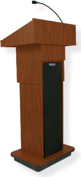 Amplivox S505A Executive Adjustable Column Sound Lectern, Mahogany; For audiences up to 1950 people and room size up to 19450 Sq ft; 150 watt multimedia stereo amplifier; Built-in 21