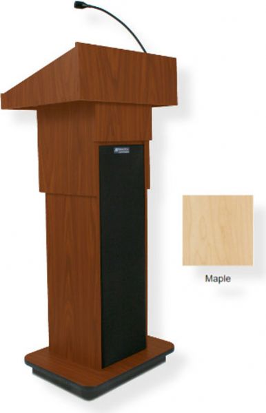 Amplivox S505A Executive Adjustable Column Sound Lectern, Maple; For audiences up to 1950 people and room size up to 19450 Sq ft; 150 watt multimedia stereo amplifier; Built-in 21