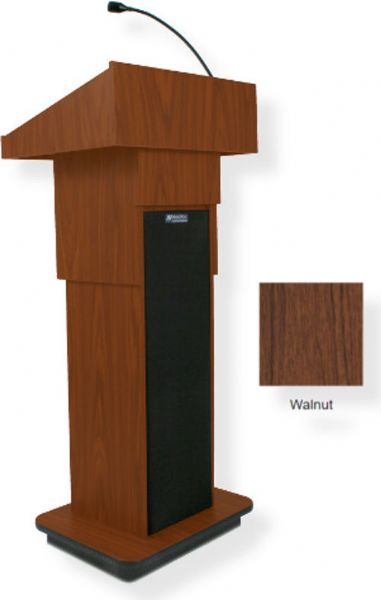 Amplivox S505A Executive Adjustable Column Sound Lectern, Walnut; For audiences up to 1950 people and room size up to 19450 Sq ft; 150 watt multimedia stereo amplifier; Built-in 21