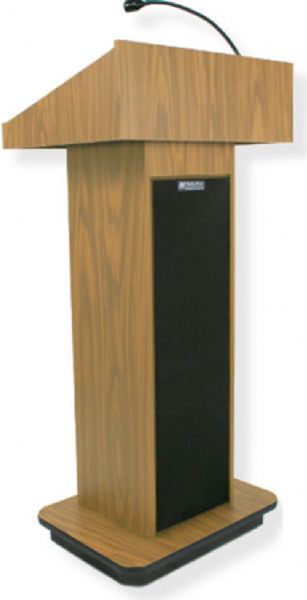Amplivox S505 Executive Sound Column Lectern, Oak; For audiences up to 1950 people and room size up to 19450 Sq ft; 150 watt multimedia stereo amplifier; Built-in 21