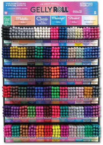 Gelly Roll S57909D Mega Display Assortment; Attractive display with eye catching graphics provides high impact visibility with a low impact footprint; Flexible merchandising on wall or shelf; Color identification strips make for easy reordering; 864 pieces; Includes Fine, Metallic, Medium, Moonlight, Stardust, Silver Shadow, Gold Shadow; Dimensions 7