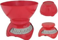 Escali S63R model Estilo Spring Scale, 6.6 Lb or 3 Kg Capacity, Pounds/Ounces and Grams Measuring units, Resolution of 1 ounce or 25 gram increments, Includes 75 fl. oz. - 2 liter dishwasher safe bowl , Tare feature subtracts the bowl's weight to obtain the weight of its contents, UPC 857817000637, Cherry Red Finish (S63R S-63R S 63R S63-R S63 R) 