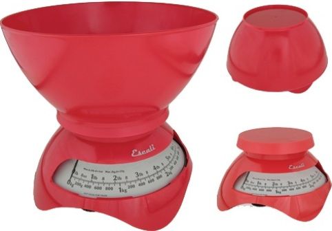 Escali S63R model Estilo Spring Scale, 6.6 Lb or 3 Kg Capacity, Pounds/Ounces and Grams Measuring units, Resolution of 1 ounce or 25 gram increments, Includes 75 fl. oz. - 2 liter dishwasher safe bowl , Tare feature subtracts the bowl's weight to obtain the weight of its contents, UPC 857817000637, Cherry Red Finish (S63R S-63R S 63R S63-R S63 R)