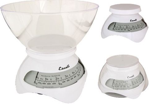 Escali S63W model Estilo Spring Scale, 6.6 Lb or 3 Kg Capacity, Pounds/Ounces and Grams Measuring units, Resolution of 1 ounce or 25 gram increments, Includes 75 fl. oz. - 2 liter dishwasher safe bowl , Tare feature subtracts the bowl's weight to obtain the weight of its contents, UPC 857817000620, White Finish (S63W S-63W S 63W S63-W S63 W)